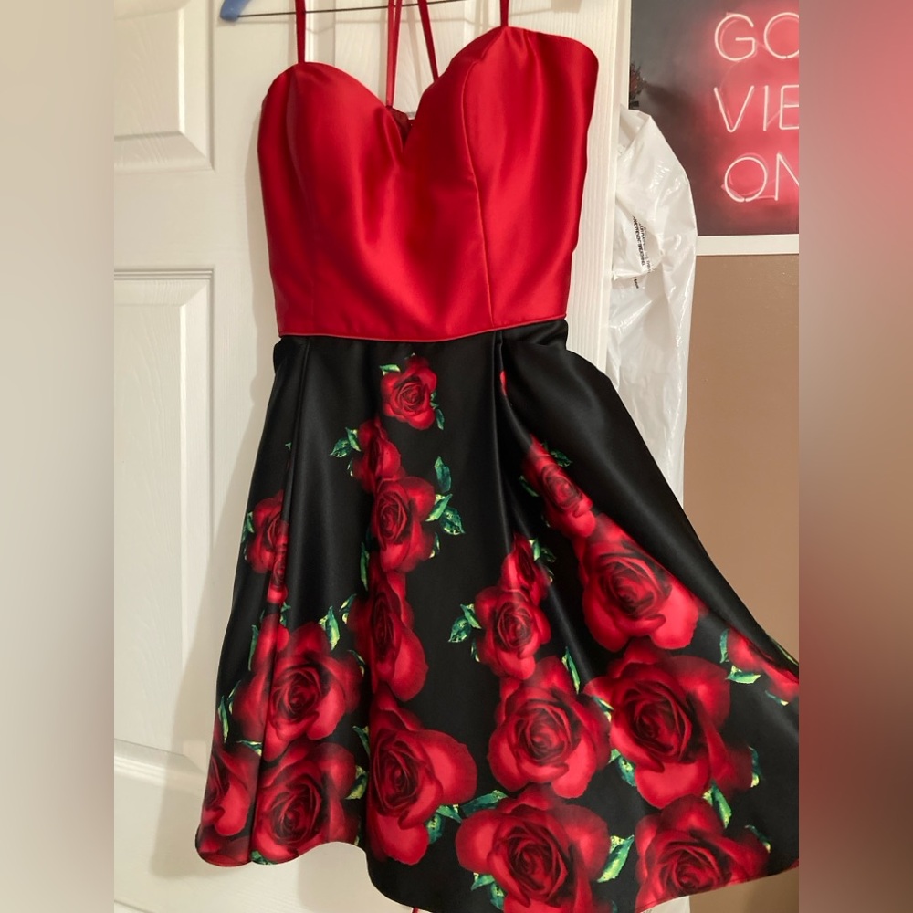 Blondie Nites Corset Strapless Red and Black Rose Dress
